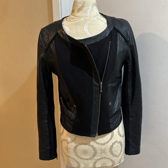Anthropologie Elevenses Genuine Leather Cotton Cropped Moto Zip Jacket Sz 6 - Picture 8 of 16
